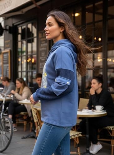 ZIZERY Womens Floral Patchwork Hoodie Oversized Sweatshirt Light-blue - Thumbnail 3