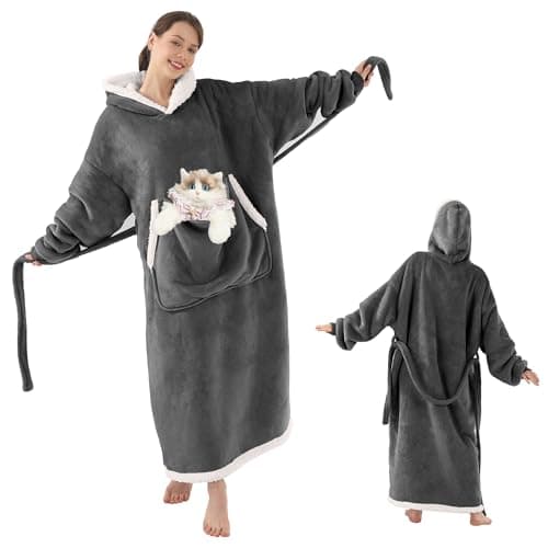 Wearable Blanket Hoodie with Cat Pouch, Gifts for Women Mom Girlfriend Pet Lovers, Extra Soft Sherpa Fleece & Cozy Flannel Blanket Sweatshirt, Standard Size Dark Gray - Image 1