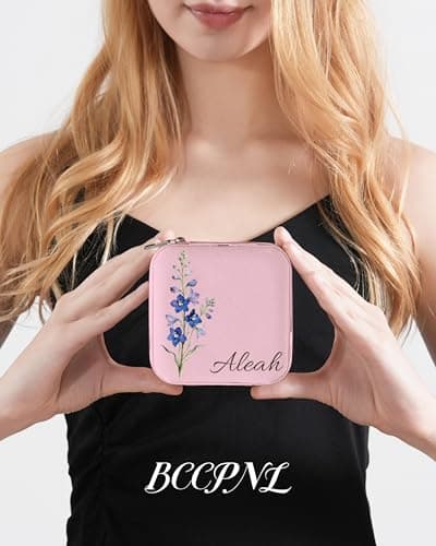 bccpnl Personalized Jewelry Travel Case(with mirror) with Your Name and Birth Flower,Personalized Gifts for Women - Festival gifts, Bridesmaids Gifts, Small Travel Jewelry Box Organizer (cherry pink) - Thumbnail 2