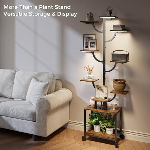 Plant Stand Indoor with Grow Lights - 9-Tier Plant Stand with Wheels, Tall Metal and Wood Indoor Plant Shelf with Tree Design, Rolling Flower Pot Holder Rack with Waterproof Finish, Adjustable Display Stand for Home Garden, Patio, 62" Tall - Thumbnail 4