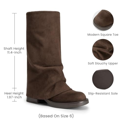 Athlefit Slouchy Mid Calf Boots for Women Fold Over Square Toe Platform Wide Calf Pull On Brown Suede Fall Boots for Travel Vacations Size 11 - Thumbnail 4