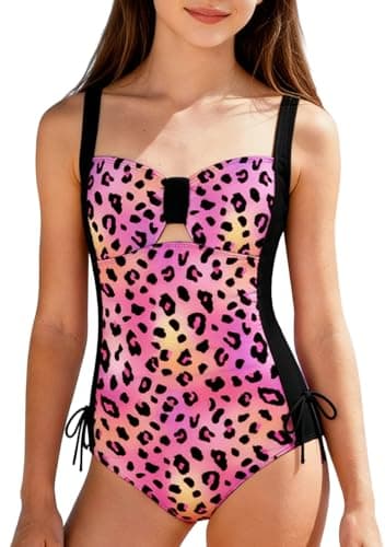 NikNio Girl One Piece Swimsuit Bathing Suit Color Block Bow Accented Cutout 2026 Swimwear Leopard 15-16 Years - Thumbnail 2