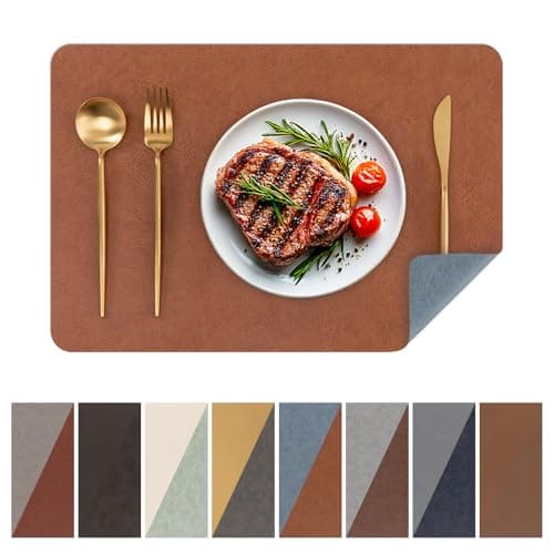 SHACOS Faux Cowhide Leather Placemats Set of 6, Wipeable Heat Resistant Table Mats, Stain Resistant Double Sided Reversible PU Place Mats for Dining Table Kitchen Restaurants, Brown and Blue