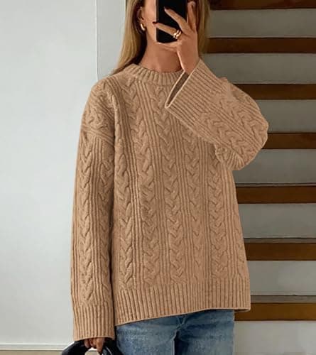 Okiwam Women's Oversized Sweaters Crewneck Cable Knit Pullover Casual Loose Fall Outfits Spring Fashion Clothes 2026-S Khaki - Thumbnail 5