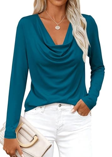 PRETTYGARDEN Womens Spring Tops 2026 Dressy Cowl Neck Long Sleeve Shirts Loose Business Casual Blouses Teacher Tunic Top(Lake Blue,Medium) - Image 1