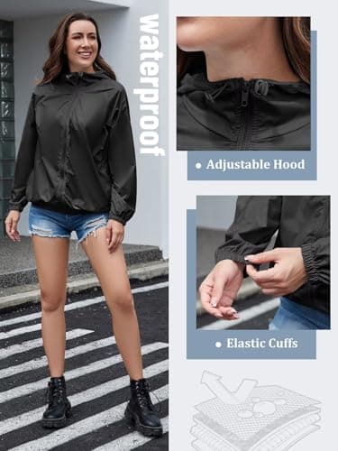 PITINAN Black Rain Jacket Women Waterproof Raincoat Lightweight Rain Jacket Hooded Windbreaker with Pockets for Outdoor Womens Rain Jackets with Hood Black M - Thumbnail 4