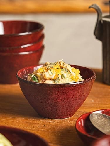 JINNTHE Ceramic Bowls Set of 4-11 OZ Small Bowl Set, Farmhouse Vintage Red Bowls 4.7 Inches Ramekins Bowl for Salad Dessert Yogurt Dipping Ice Cream Fruit Rice- Microwave Dishwasher Safe Retro Red - Thumbnail 5