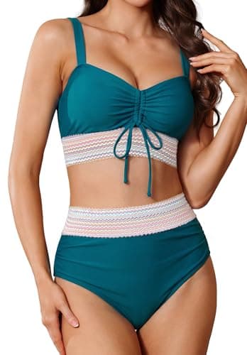 Pleneal Womens High Waisted Bikini Sets Two Piece Drawstring Swimsuits Color Block Tummy Control Bathing Suit - Image 1