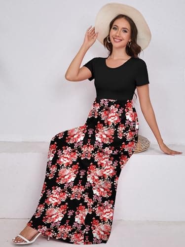 DEARCASE Women Long Dress Flower Red Black Medium Crewneck Boho Short Sleeve Maxi A-line Loose Casual Hawaiian Flowy Party Vintage Spring Summer Beach Dresses with Pockets - Thumbnail 3