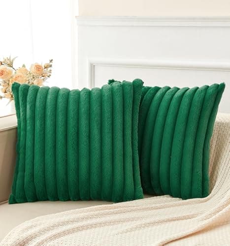 GriNeed Pack of 2 Christmas Green Pillow Covers 20x20 Inch Decorative Faux Fur Emerald Throw Pillow Cover, Soft Lumbar Plush Pillowcases for Couch Sofa Bed Living Room, Fluffy Cute Home Boho Decor - Thumbnail 5
