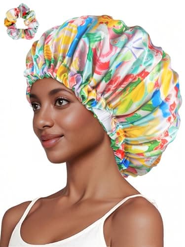 Vettres Silk Hair Bonnet for Sleeping with Scrunchie Adjustable Sleep Bonnets Double Layer Satin Sleep Cap for Curly Hair Colorful Flower - Image 1