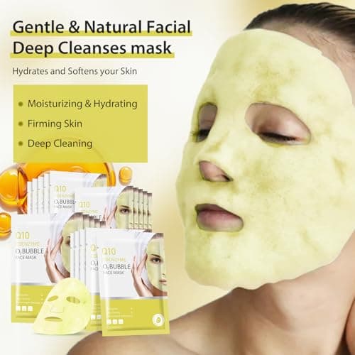 10 Sheets Coenzyme Q10 O2 Bubble Masks for Face, Bubble Face Mask Skincare for All Skin Types, Deep Cleansing Moisturizing Facial Mask Skin Care for Pores, Firming, Purifying, Sheet Masks for Spa - Thumbnail 4