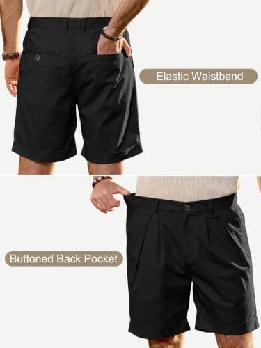 JEMLDL Mens Black Cotton Linen Shorts 7 Inch Inseam Casual Pleated Summer Vacation City Wear Elastic Waist Dressy Shorts with Pockets X-Large - Thumbnail 4