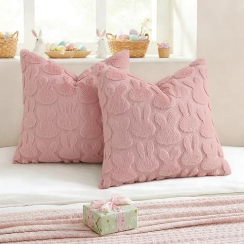 decorUhome Pink Faux Fur Bunny Throw Pillow Covers 20X20 Set of 2 - Thumbnail 5