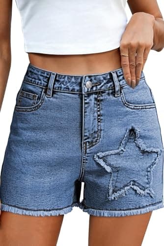 Pink Queen Women's Summer Jean Shorts 2026 Fashion Frayed Ripped Denim Shorts Casual Star/Bow Frayed Hem Hot Shorts with Pockets Dark Blue M - Thumbnail 2