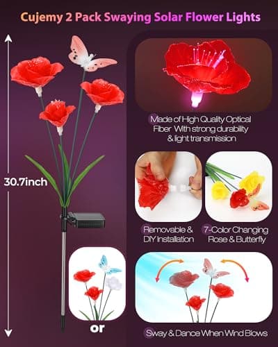 Cujemy Solar Garden Lights Outdoor Waterproof 2 Pack Swaying Butterfly Light with 7- Color Changing Rose Flowers Solar Lights for Outside Garden Decor Lawn Yard Patio Path,Gifts for Mother's Day Women - Thumbnail 2