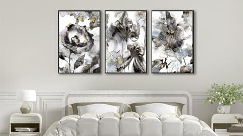 ASDCEUTICALS Large Canvas Wall Art - Framed Floral Abstract Wall Decor Black and White Paintings Aesthetic Wall Pictures Artwork for Living Room Bedroom Office Bathroom 16" X 24" X 3 Panels - Thumbnail 3