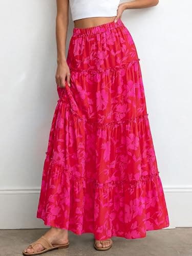 BTFBM Floral Maxi Skirts for Women Summer Spring 2026 Elastic Waist Tiered Flowy Beach Vacation Outfits Boho Long Skirt(Floral Red Pink, Large) - Thumbnail 4
