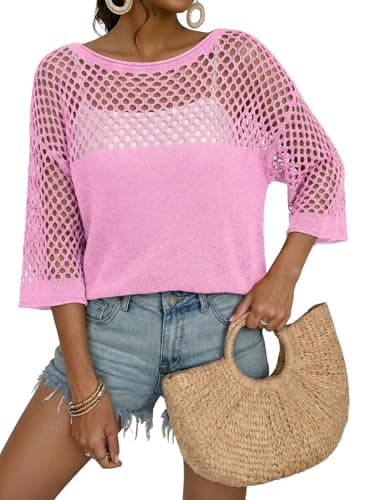 Dokotoo Beach Cover up for Women Bathing Suit Coverups Summer Beach Tops for Women Resort Wear Vacation Cruise Outfits Half Sleeve Hollow Out Bikini Crochet Boho Clothes Pink - Image 1