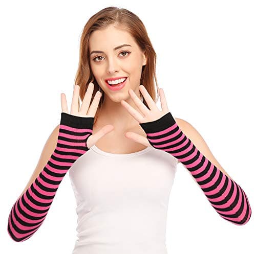 Bienvenu Punk Gothic Rock Long Arm Warmer Fingerless Gloves,Black Fuchsia - Thumbnail 2