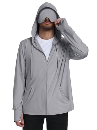SeSe Code Men’s UPF 50+ Travel Hoodie with Eye Mask Lightweight Sun Protection Zip Jacket Outdoor & Golf Thumb Holes Pockets Grey S