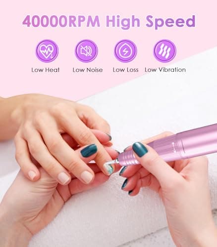 Portable Nail Drill Electric File: Professional Nail E File Machine 40000RPM Rechargeable Cordless Pink Diamond Nail Drill with Bits & Base for for Acrylic Nails Remove Gel Polish Manicure, Salon Home - Thumbnail 3