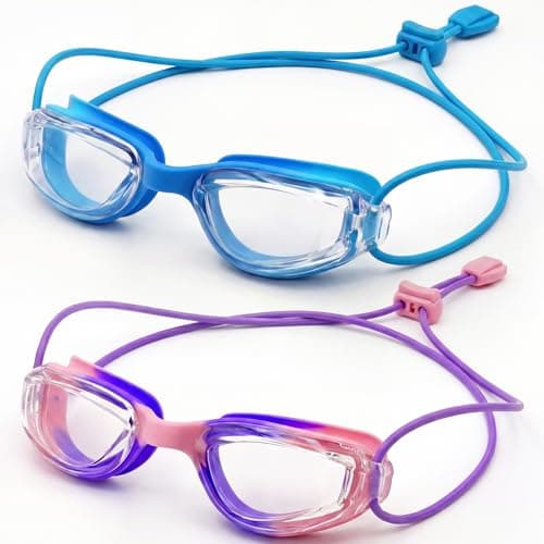 Aegend Swim Goggles for Kids Youth Teen 3-14 Anti-Fog Anti-UV Comfort Fit for Swimming(Bungee Strap) (Pink/Purple & Clear/Blue-2 Pack) - Image 1