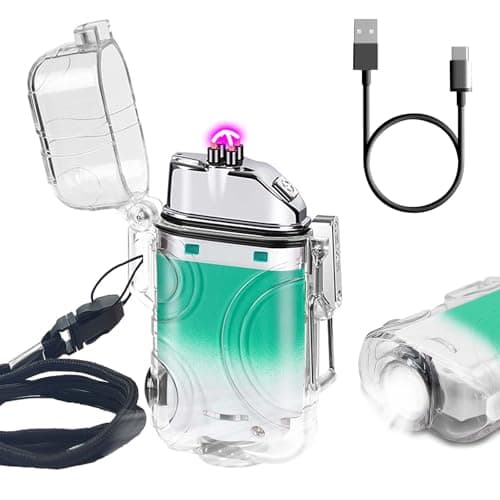 SKRFIRE Electric Lighters Transparent Waterproof Dual Arc Lighter with LED Flashlight, Windproof Rechargeable Lighter, Modern Style(ClearCyanWhite) - Image 1