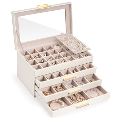 Lolalet Earring Storage Box Case with Glass Top, Large Earring Jewelry Holder Organizer Display with Drawer and Grid, Gift for Girls Women -4 Tiers, Cloud White - Image 1