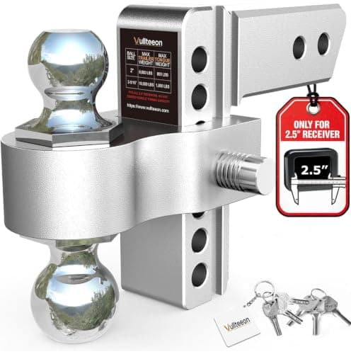 Vullteeon Drop Hitch (for 2.5 Inch Receiver), 6in Adjustable Trailer Hitch | 18,500 LBS GTW, (2" & 2-5/16") Chrome Plated Steel Ball Mount, Aluminum Tow Hitches with 2 Anti-Theft Pins Locks