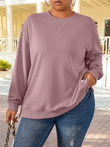 TAKEYAL Women Plus Size Oversized Sweatshirt Crewneck Hoodies Shirts 2024 Fall Pullover Top Trendy Preppy Clothes (Pink, 2XL) - Thumbnail 2