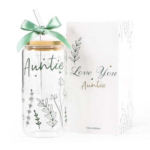 KMCCUMBER Gifts for Aunt - Aunt Birthday Gifts, Mothers Day Auntie Bow Glass Cup with Lids and Straws Coffee Cup Gift for Auntie Birthday Presents Stuff from Niece Nephew 16Oz - Image 1