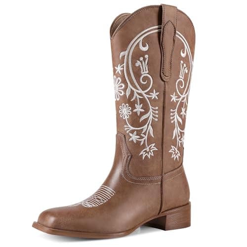 UJPFEO Cowboy Boots for Women Mid Calf Cowgirl Boots Square Toe Pull On Low Chunky Heel Embroidery Western Boots - Image 1
