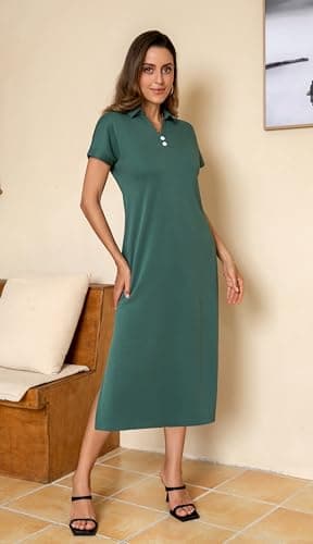 BEXIBOOM Women's Summer Maxi Dress, Cap Sleeve V Neck Collared Polo Shirt Dress with Pockets, Casual Long Dress for Beach Vacation Work Dark Green-XL - Thumbnail 3