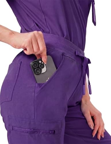 VECARDI Women's Scrub Jogger Pants High Waisted Stretch Nurse Work Bottoms 5 Pockets Elastic Waist Slim Fit Dark Purple - Thumbnail 5