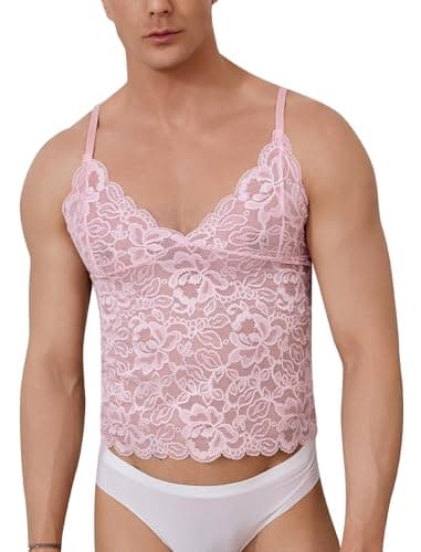 ABAFIP Men’s Sissy Lace Cami Top Floral Sheer Camisole Ruffle V-Neck Sleeveless Shirt See Through Undershirt Pink Medium - Thumbnail 5