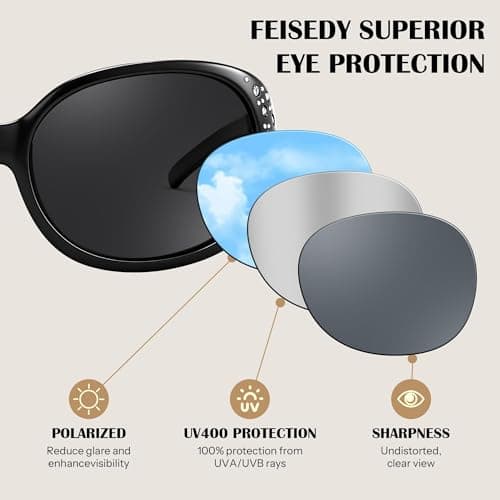 FEISEDY Women's Polarized Sunglasses Wrap Around Rhinestone Design Fashion Sunnies UV400 Protection B1091 Black/Grey - Thumbnail 6