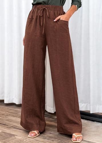 KIRUNDO Wide Leg Palazzo Pants for Women Summer High Waist Flowy Casual Trousers Lounge Pants Beach Vacation Travel Outfits (Brown, Large) - Thumbnail 6