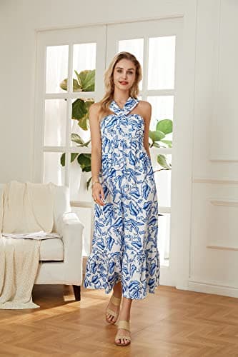 GRACE KARIN Women Halterneck Sleeveless Flowy Summer Beach Party Maxi Dress White Blue XXL - Thumbnail 5