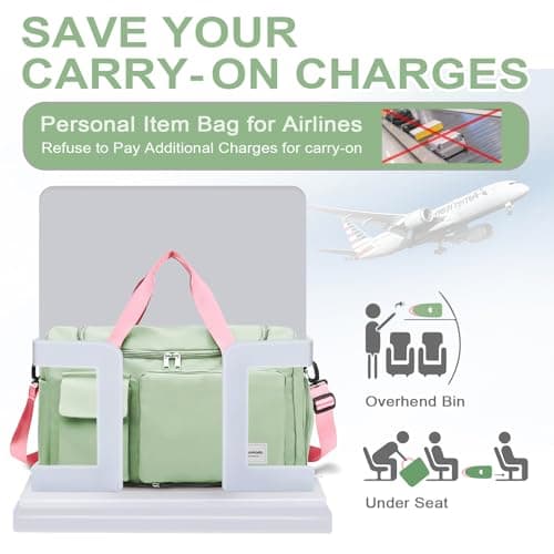 WOOMADA Foldable Travel Duffel Bag for Women, Weekender Bags with Shoes Compartment,Overnight Bag with Wet Pocket & Trolley Sleeve(Green&Pink) - Thumbnail 4