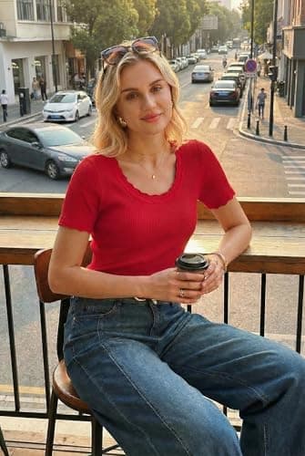 Arach&Cloz Women's 2026 100% Cotton Spring Summer Tops Scoop Neck Short Sleeve Sweater Shirts Pullover Lightweight Soft Cozy Slim Fit Stretchy Business Casual Outfits Work Clothes Trendy Red M - Thumbnail 4
