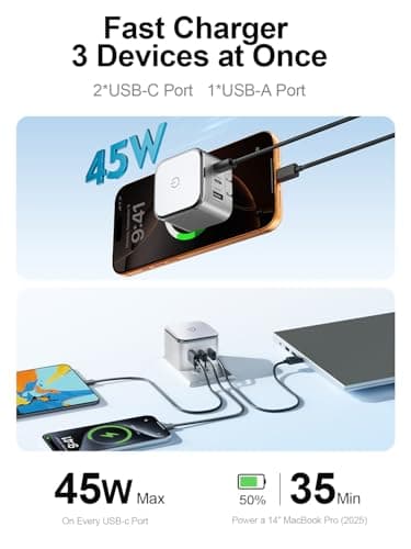 45W GaN USB-C Wall Charger with Night Light, 3-Port Fast Charging Power Adapter (2 USB-C + 1 USB-A), Foldable Plug, PPS Support （Grey） - Thumbnail 2