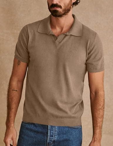 Yeokou Men Knit Polo Shirts Short Sleeve Collared Pullover Casual Golf Tops Summer Stylish Tee(Khaki-S) - Thumbnail 2