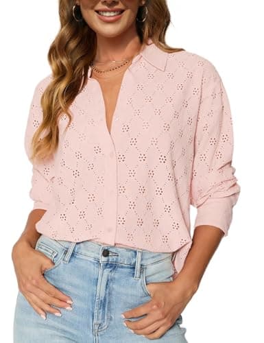 CiCiBird Womens Dressy Casual Lace Blouse Long Sleeve Button Down Shirts Eyelet Embroidered Tops Spring Summer Fashion Clothes Pink M - Image 1