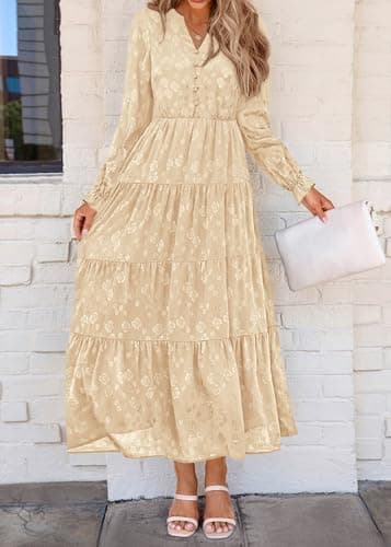KIRUNDO Spring Wedding Guest Dresses for Women 2026 Maxi Floral Long Sleeve Elegant Ruffle Tiered Flowy Party Long Dress(Beige, Small) - Thumbnail 4