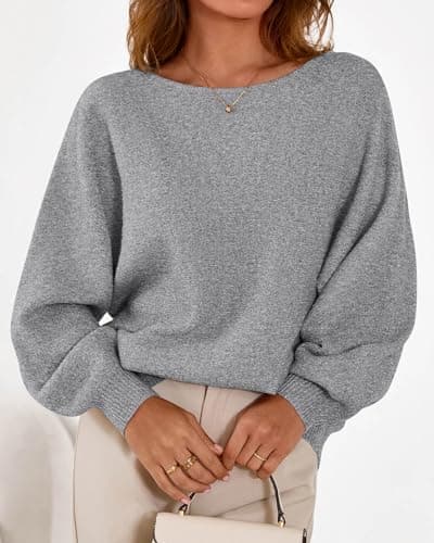 KIRUNDO Oversized Sweaters for Women Cozy Fall Fashion Boat Neck Batwing Sleeve Knit Pullover Sweater Tops Winter Clothes(Grey, Large) - Thumbnail 5