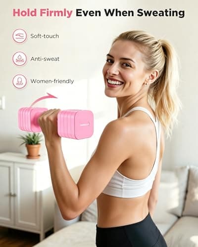 FEIERDUN 5-in-1 Adjustable Dumbbell Set of 2, 12LBS/6LBS Hand Weights for Women, 1s-Adjust Dual-Stable Dumbbell Set for Women Home Gym & Outdoor, Pink - Thumbnail 5