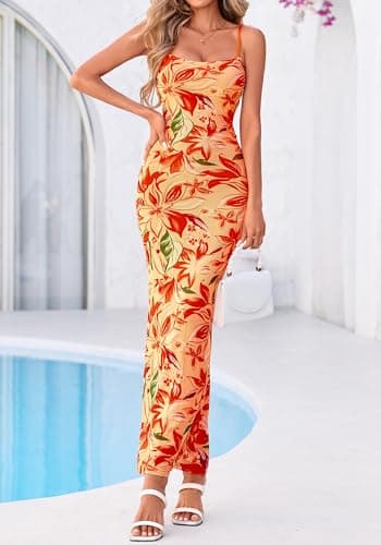 BTFBM Womens Maxi Dress 2026 Spring Floral Sexy Spaghetti Straps Sleeveless Bodycon Summer Beach Wedding Guest Dresses(Floral Yellow Red, Medium) - Thumbnail 4