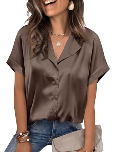 Cicy Bell Womens Summer Satin Button Down Shirts Silk Short Sleeve V Neck Casual Dressy Tops Loose Fit Collared Work Blouse Brown - Image 1
