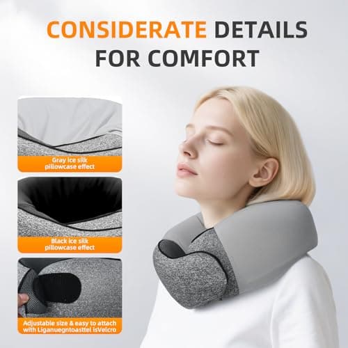 ThreeHome Travel Pillows for Airplanes, 100% Pure Memory Foam Neck Pillow with Skin-Friendly Silk Cover, Ergonomic Support, Washable Cover, Eye Mask, Earplugs, Ideal Neck Pillow for Flight Trips - Thumbnail 4